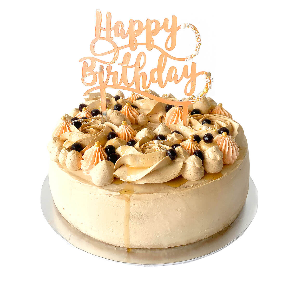 Image of a milk tea flavoured chiffon cake topped with boba pearls like boba milk tea, 23cm or 9inch in diameter for 8 people