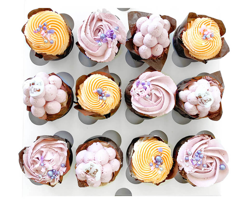 Image of a taro flavoured chiffon cupcake, box of 12 cupcakes
